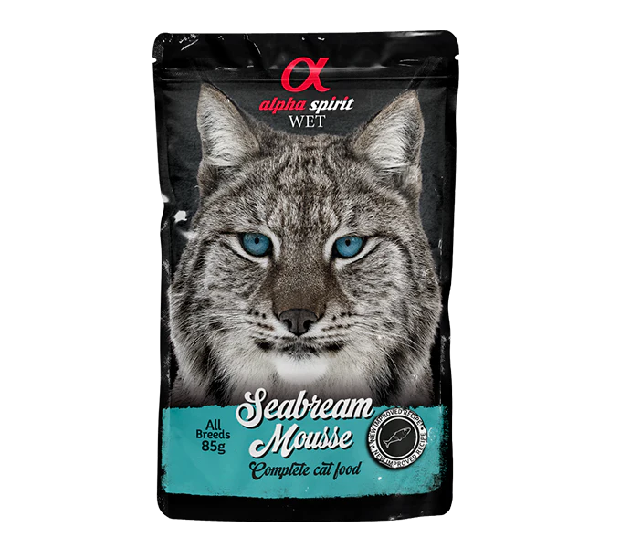 أكياس موس ألفا سبيريت بنكهةسمك الدنيس للقطط المعقمة حجم الكيس 85 جم