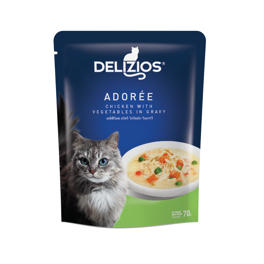 طعام ديليزيوس الرطب للقطط بنكهه الدجاج والتونه والمرق 70 جرام