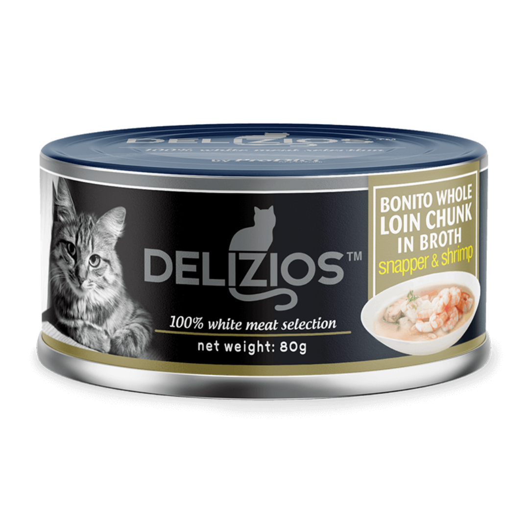 طعام ديليزيوس الرطب للقطط بنكهه السمك الاحمر والجمبري 80 جم