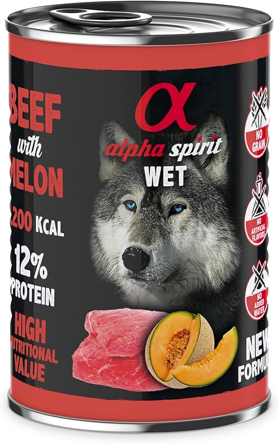 طعام ألفا سبيريت المعلب بنكهة اللحم البقري والشمام للكلاب حجم العبوة 400 جرام