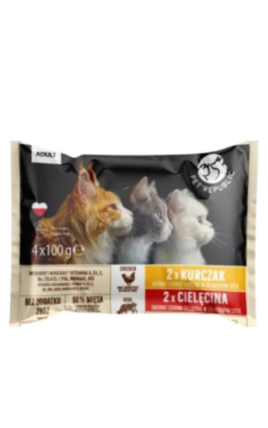 PET REPUBLIC - Chicken fillets and veal in sauce cat sachets 4x100g