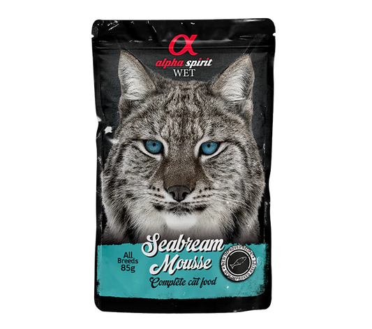 أكياس موس ألفا سبيريت بنكهةسمك الدنيس للقطط المعقمة حجم الكيس 85 جم