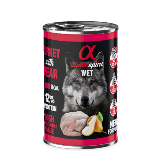 طعام ألفا سبيريت المعلب بنكهة الديك الرومي والكمثرى للكلاب حجم العبوة 400 جرام
