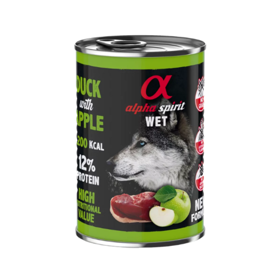 طعام ألفا سبيريت المعلب بنكهة البط والتفاح الأخضر للكلاب حجم العبوة 400 غرام
