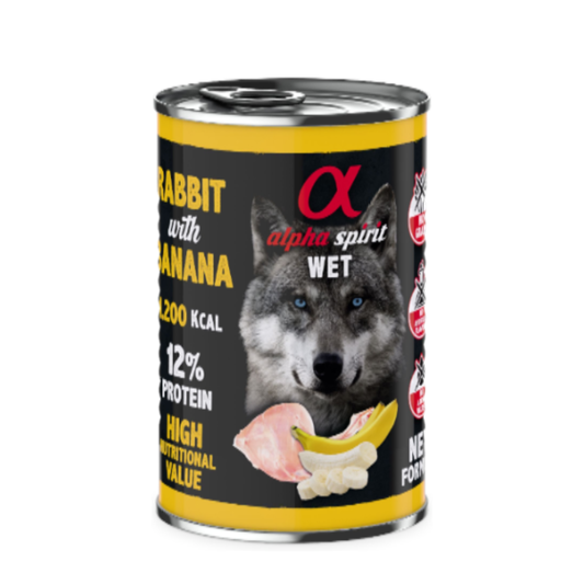 طعام ألفا سبيريت المعلب بنكهة الأرنب والموز للكلاب حجم العبوة 400 جم