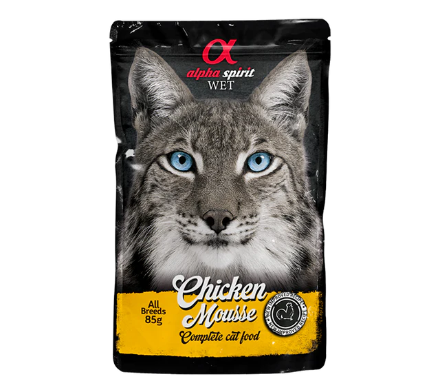 أكياس موس ألفا سبيريت بنكهة الدجاج للقطط حجم الكيس 85 جم