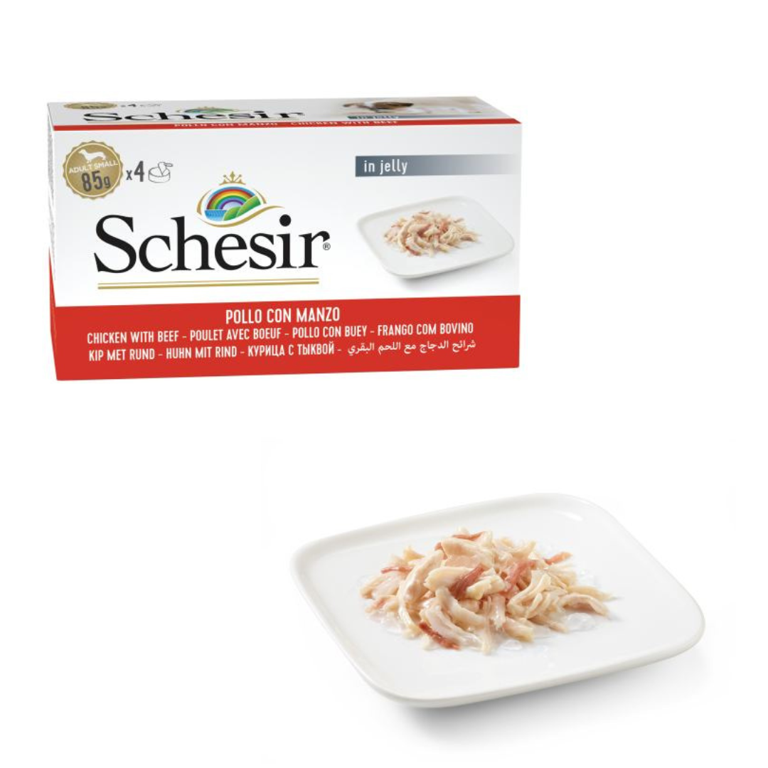 Schesir Multipack Chicken with Beef Wet Dog Food, Pack of 4 x 85g