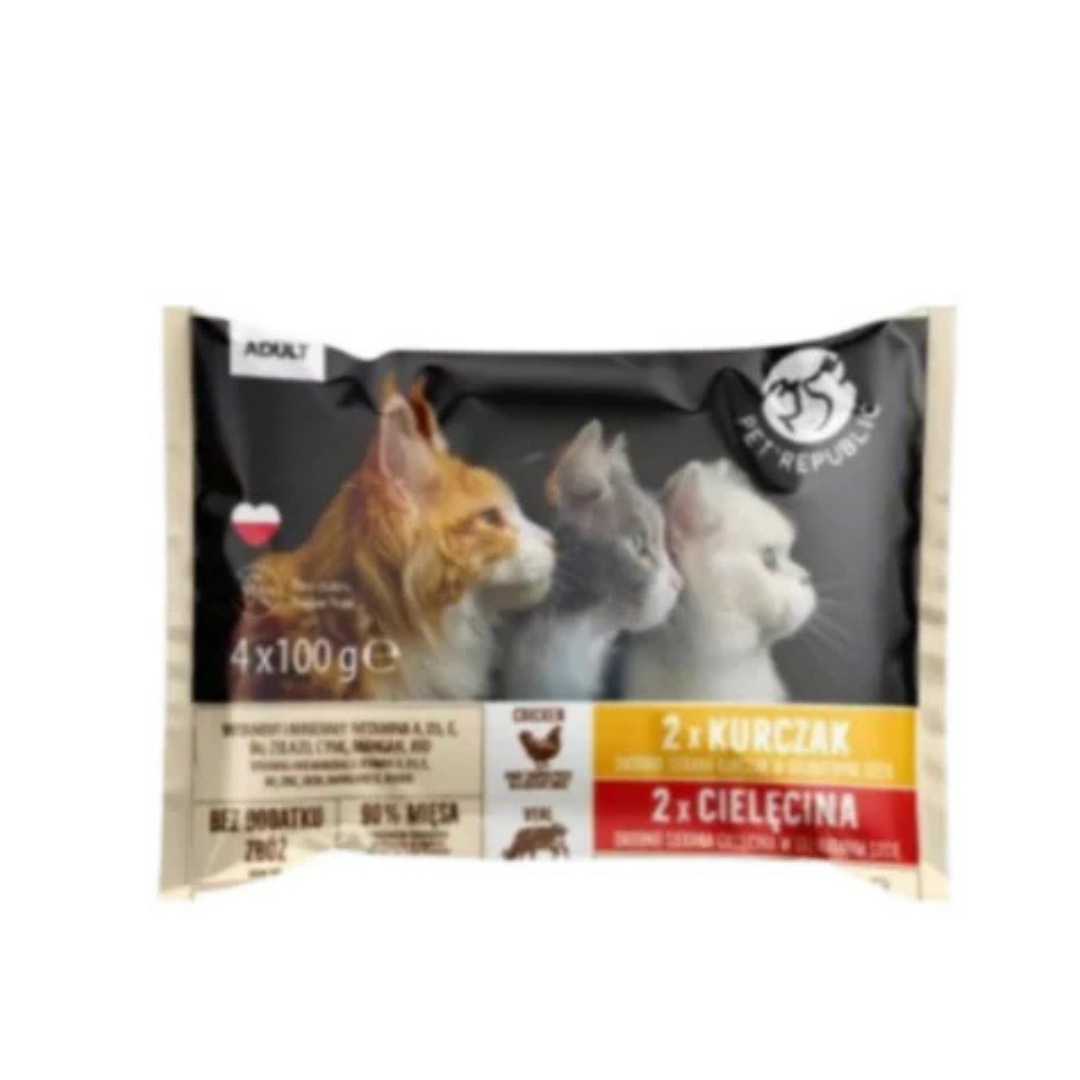 PET REPUBLIC - Chicken fillets and veal in sauce cat sachets 4x100g